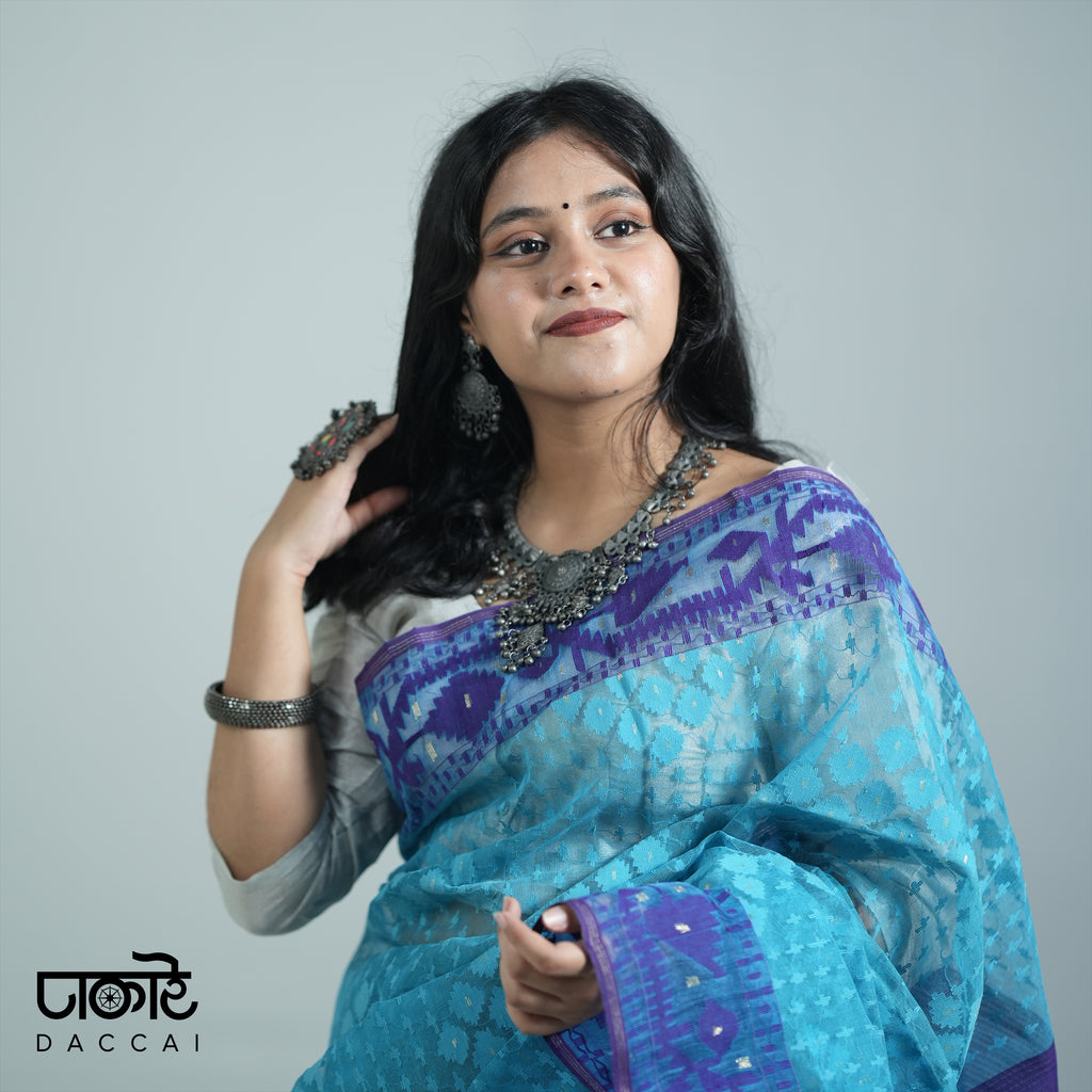 Deep Sky Blue resham Jamdani Saree With Dark Blue Contrast