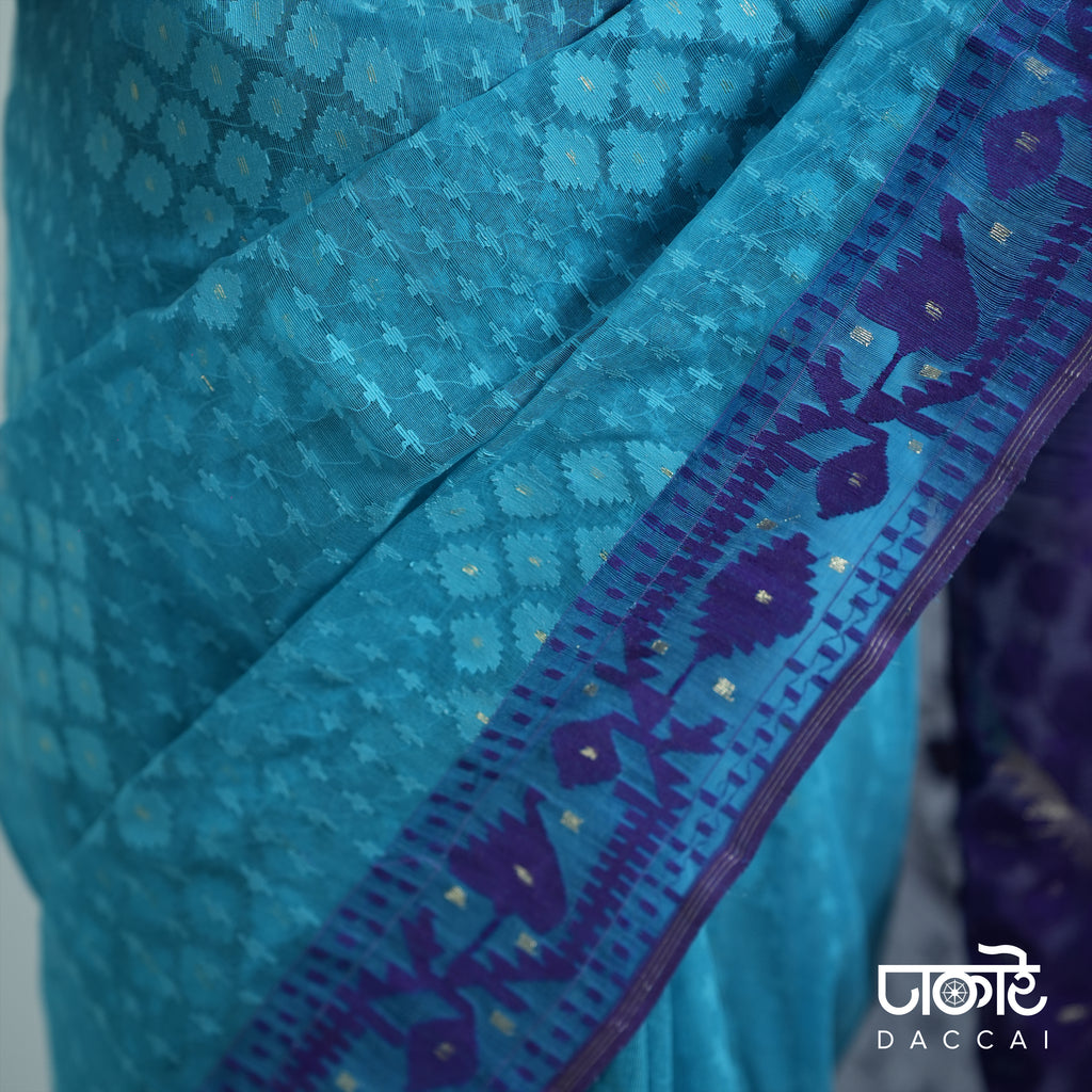 Deep Sky Blue resham Jamdani Saree With Dark Blue Contrast