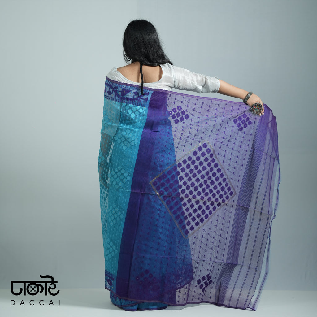 Deep Sky Blue resham Jamdani Saree With Dark Blue Contrast