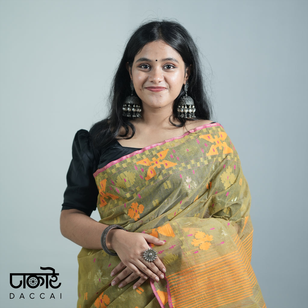 Ochre dhakai Jamdani Saree with Multi Contrast