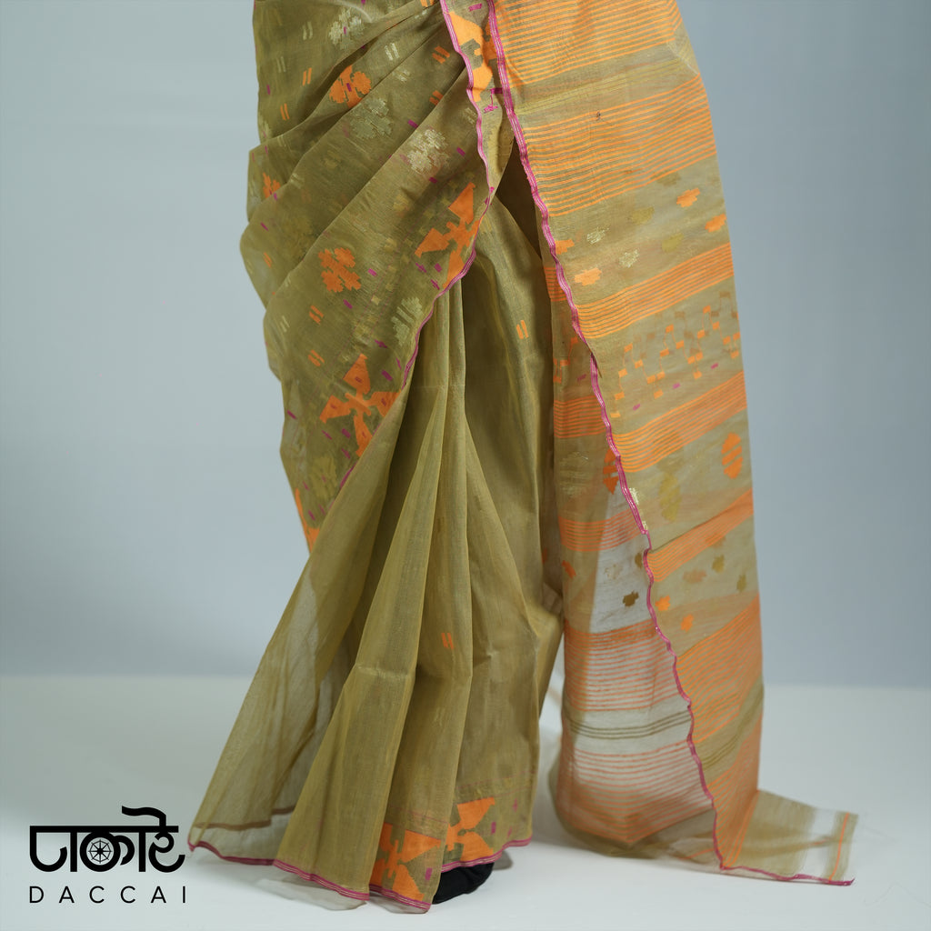Ochre dhakai Jamdani Saree with Multi Contrast