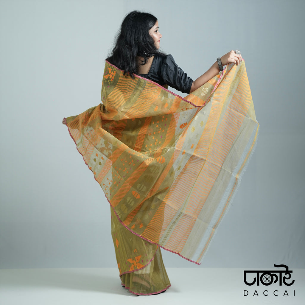 Ochre dhakai Jamdani Saree with Multi Contrast