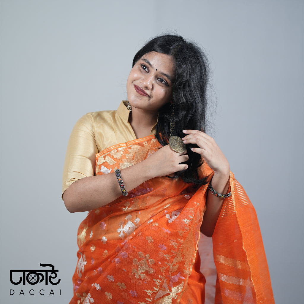 Orange Jamdani Saree with Golden Contrast