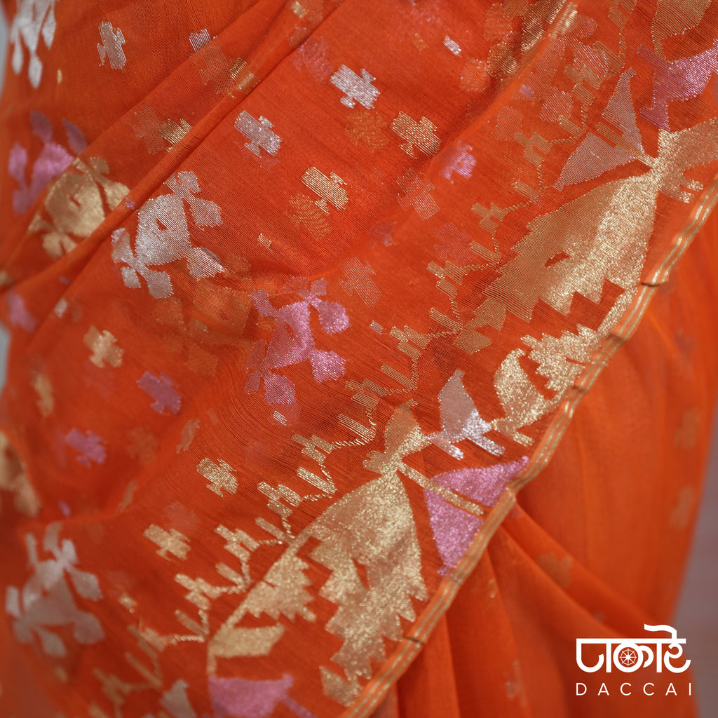 Red Orange Jamdani Saree with Golden Contrast