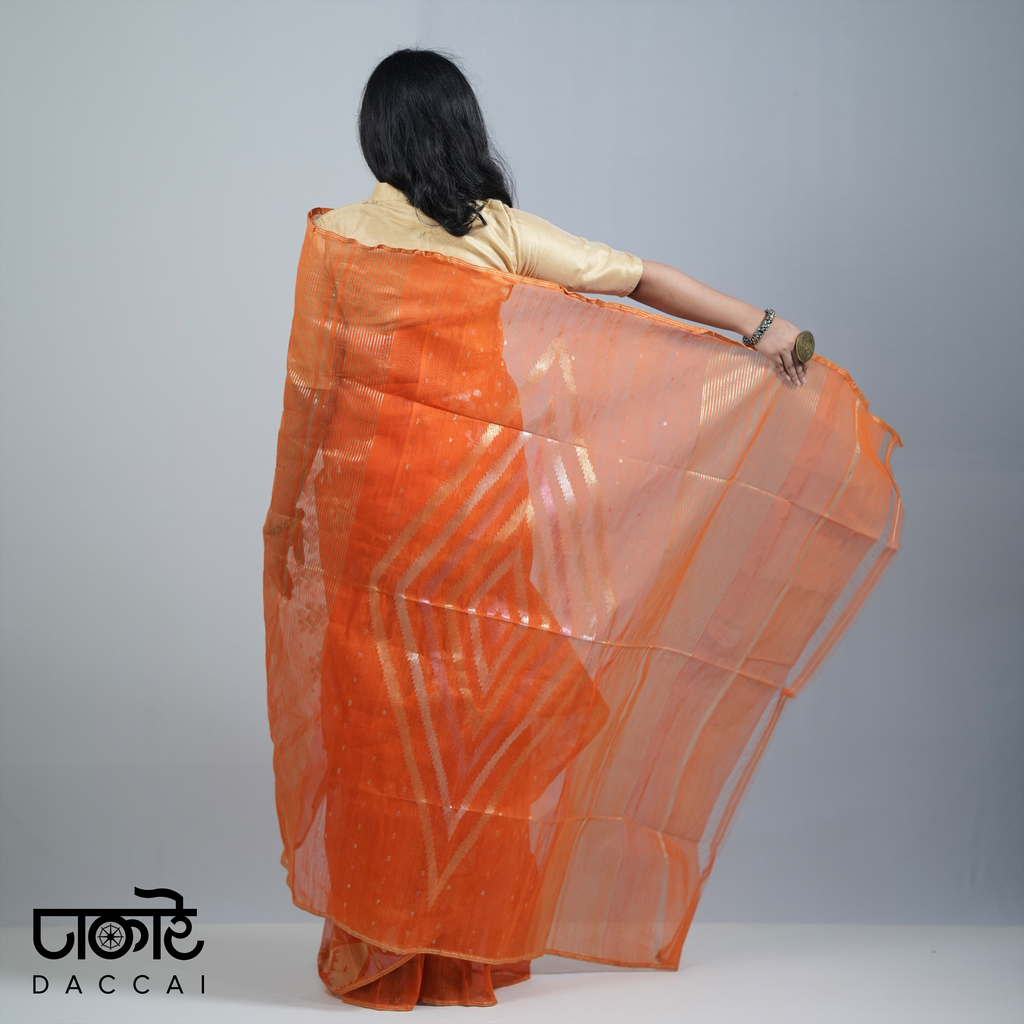 Red Orange Jamdani Saree with Golden Contrast