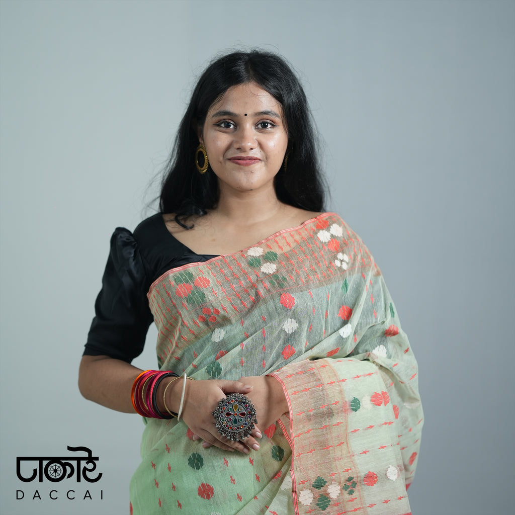 Pale Green original Jamdani Saree with Red Contrast