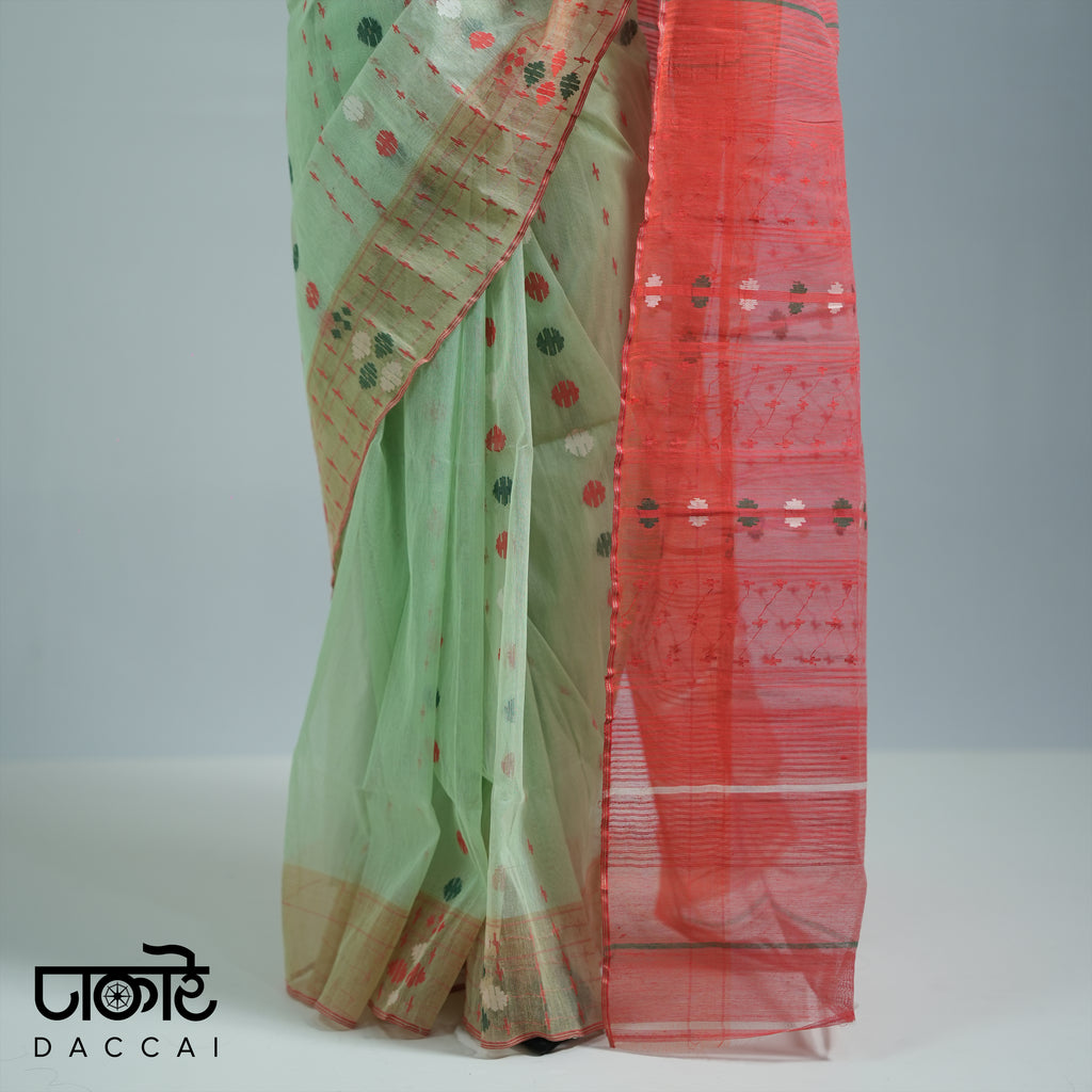 Pale Green original Jamdani Saree with Red Contrast