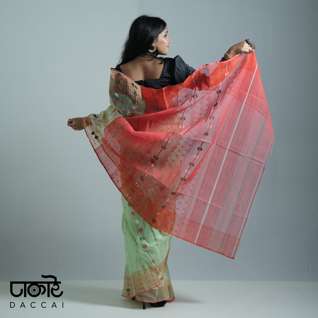 Pale Green original Jamdani Saree with Red Contrast