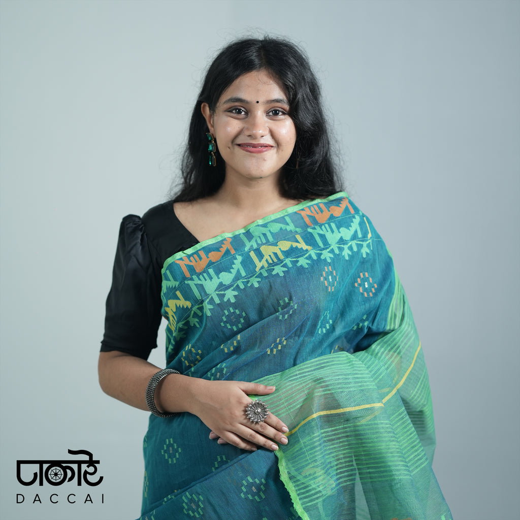 Teal Green Jamdani Saree With Multi Contrast