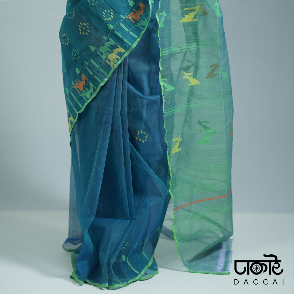 Teal Green Jamdani Saree With Multi Contrast