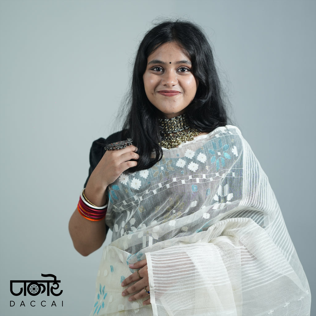 White Jamdani Saree with Blue Work
