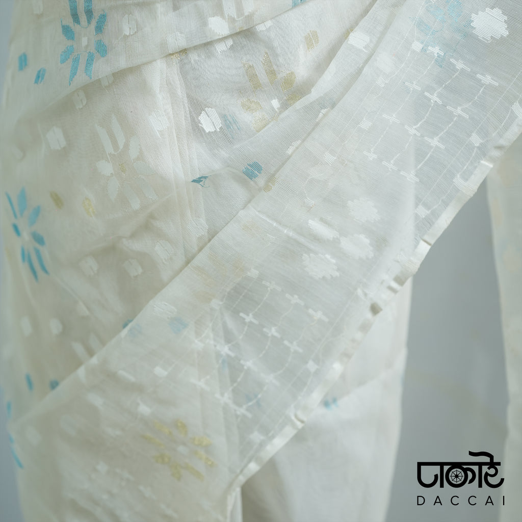 White Jamdani Saree with Blue Work