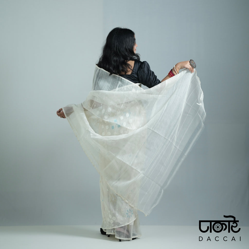White Jamdani Saree with Blue Work