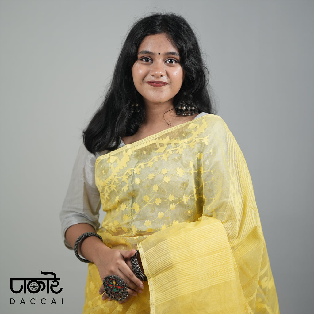Yellow half silk Jamdani Saree