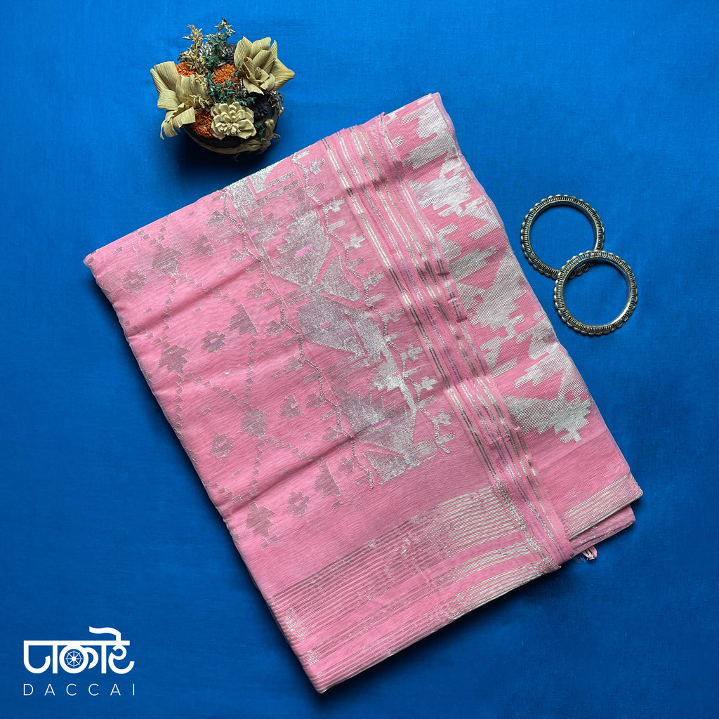 Daccai Baby Pink Jamdani saree with Silver Contrast