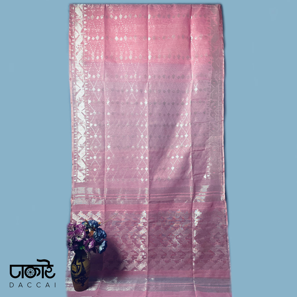 Baby Pink dhakai Jamdani saree with Silver Contrast