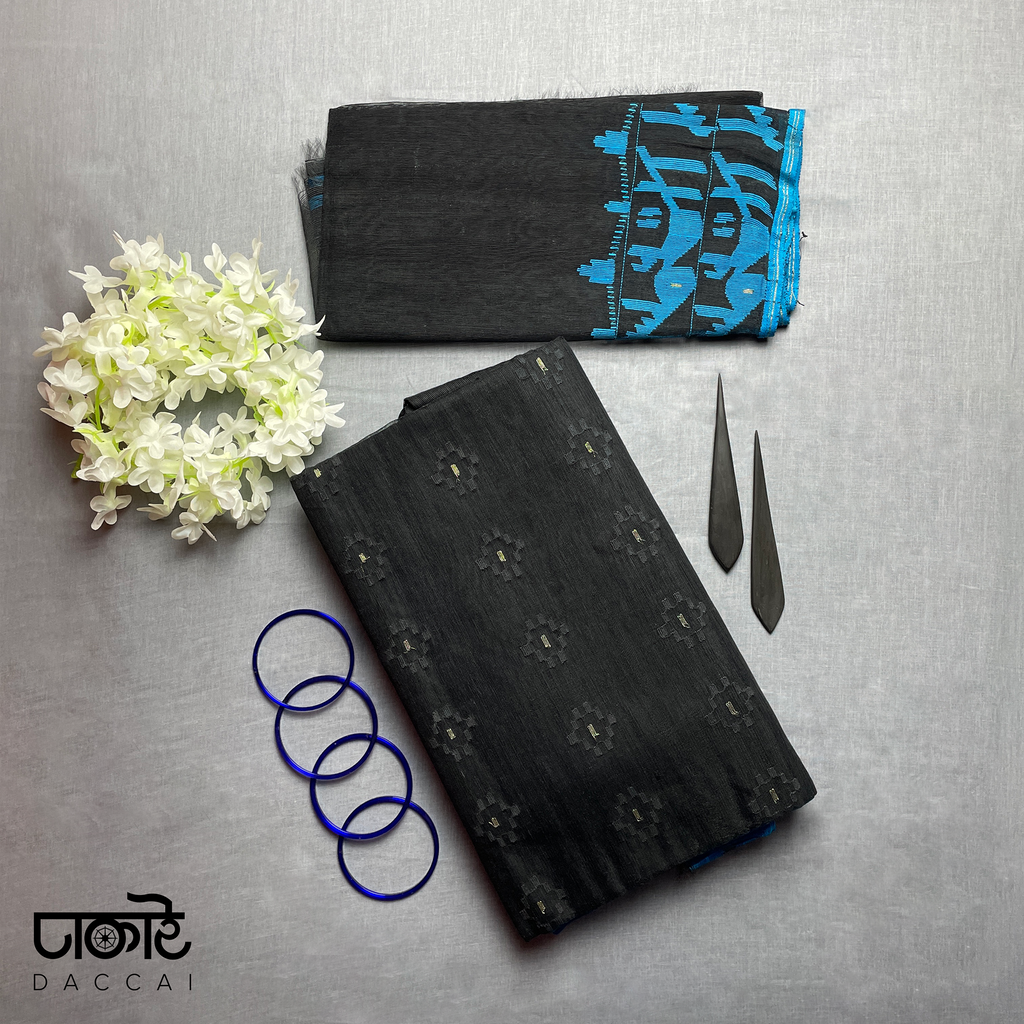 Black Jamdani Saree With Blue Contrast