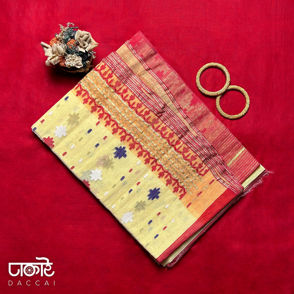 Blonde Yellow Dhakai Jamdani Saree With Red Contrast