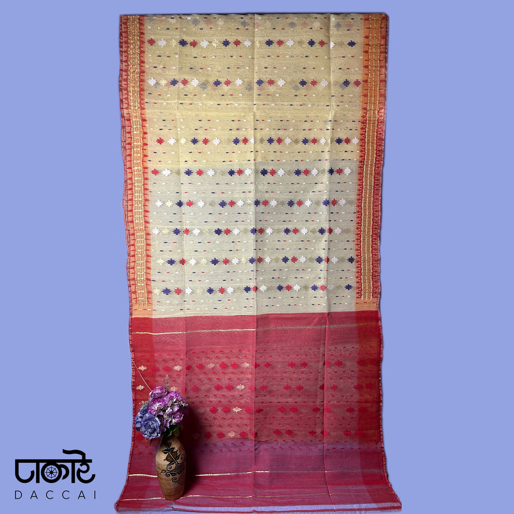 Blonde Yellow Handloom Jamdani Saree With Red Contrast