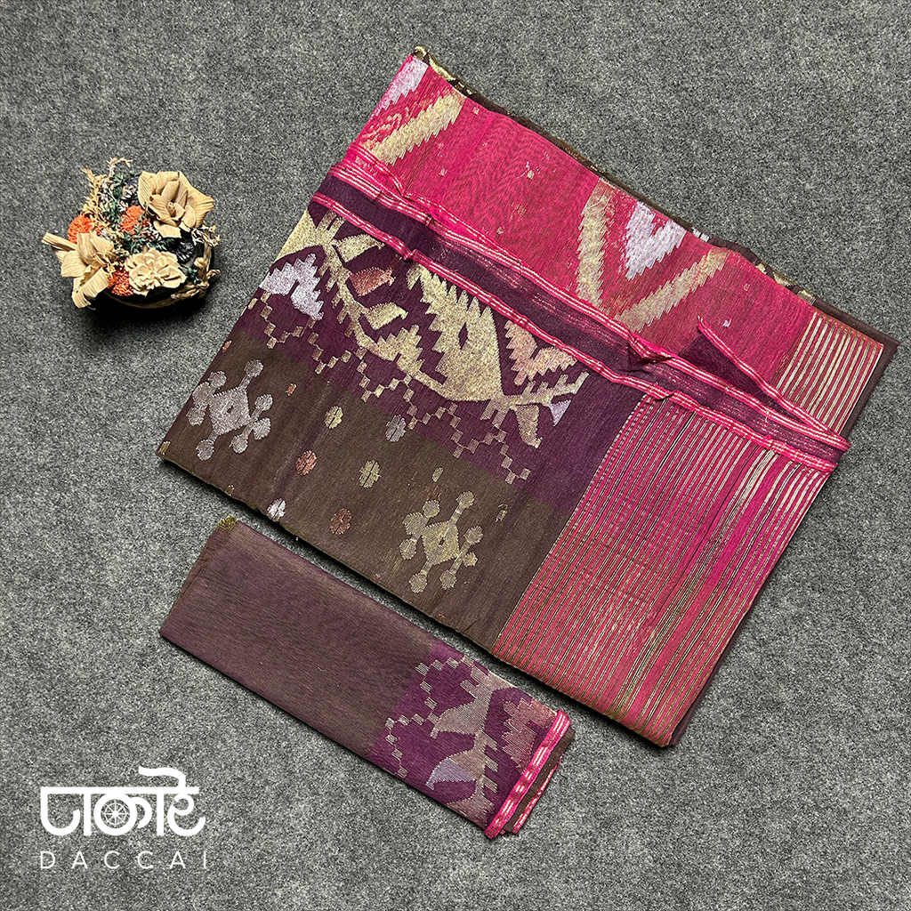 Coffee dhakai Jamdani Saree With dark Pink Contrast