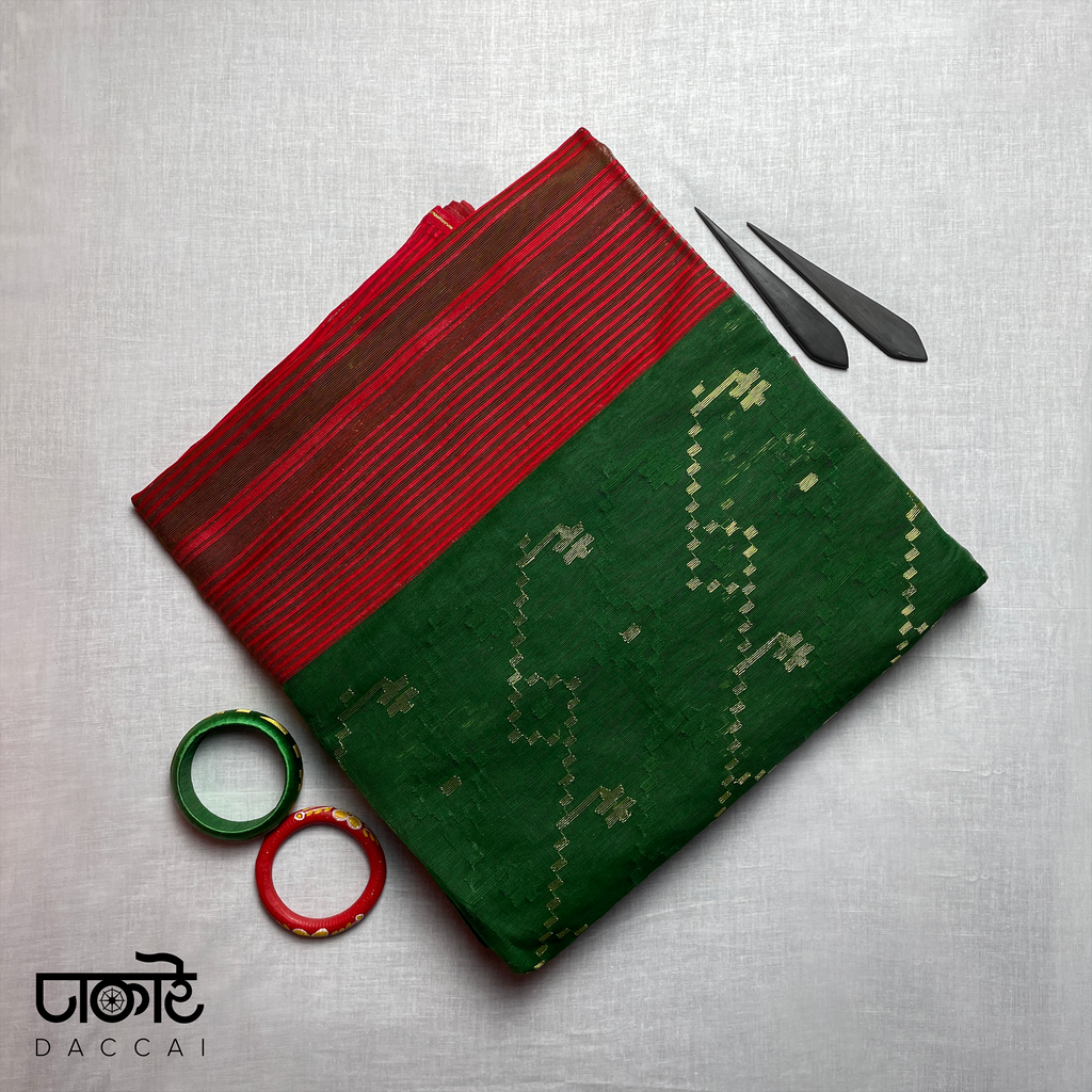 Green dhakai Jamdani Saree With Red Contrast