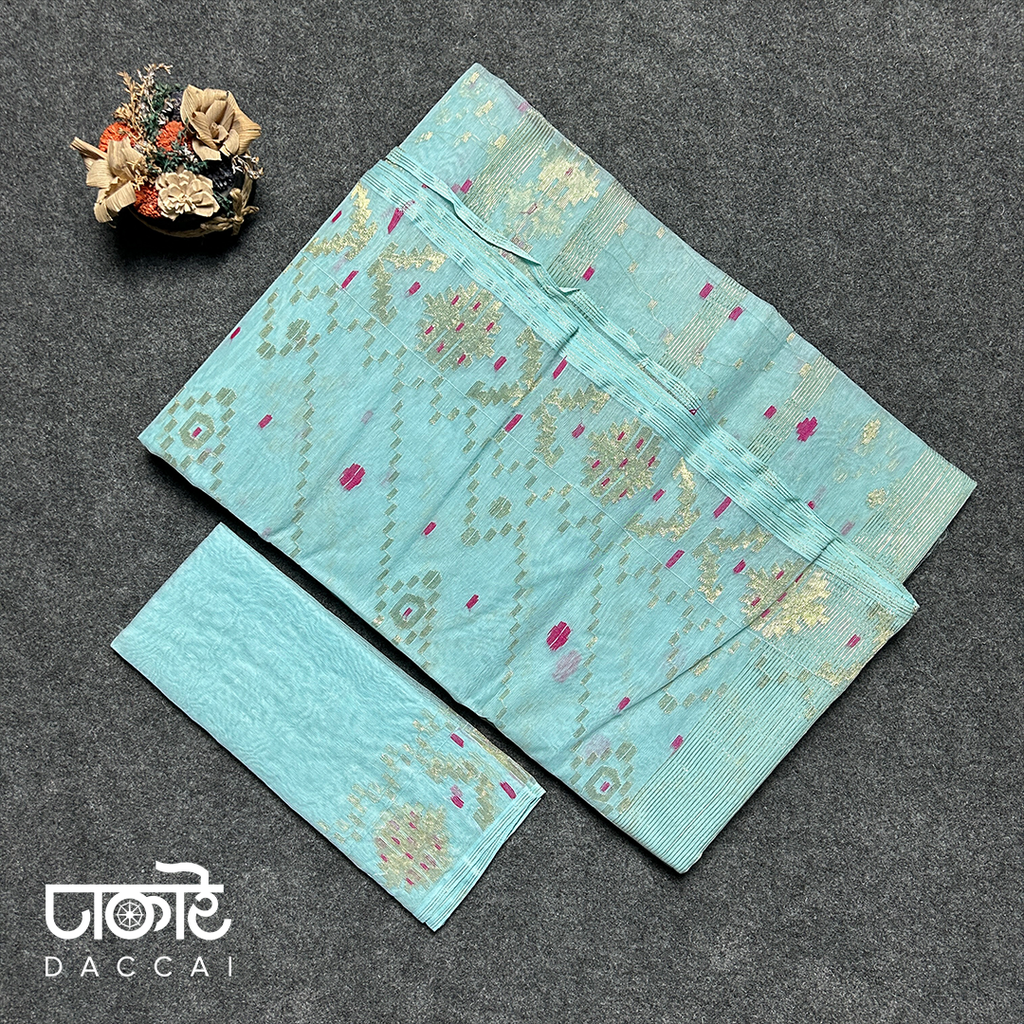 Light Sky Blue half silk Jamdani Saree with Pink Contrast