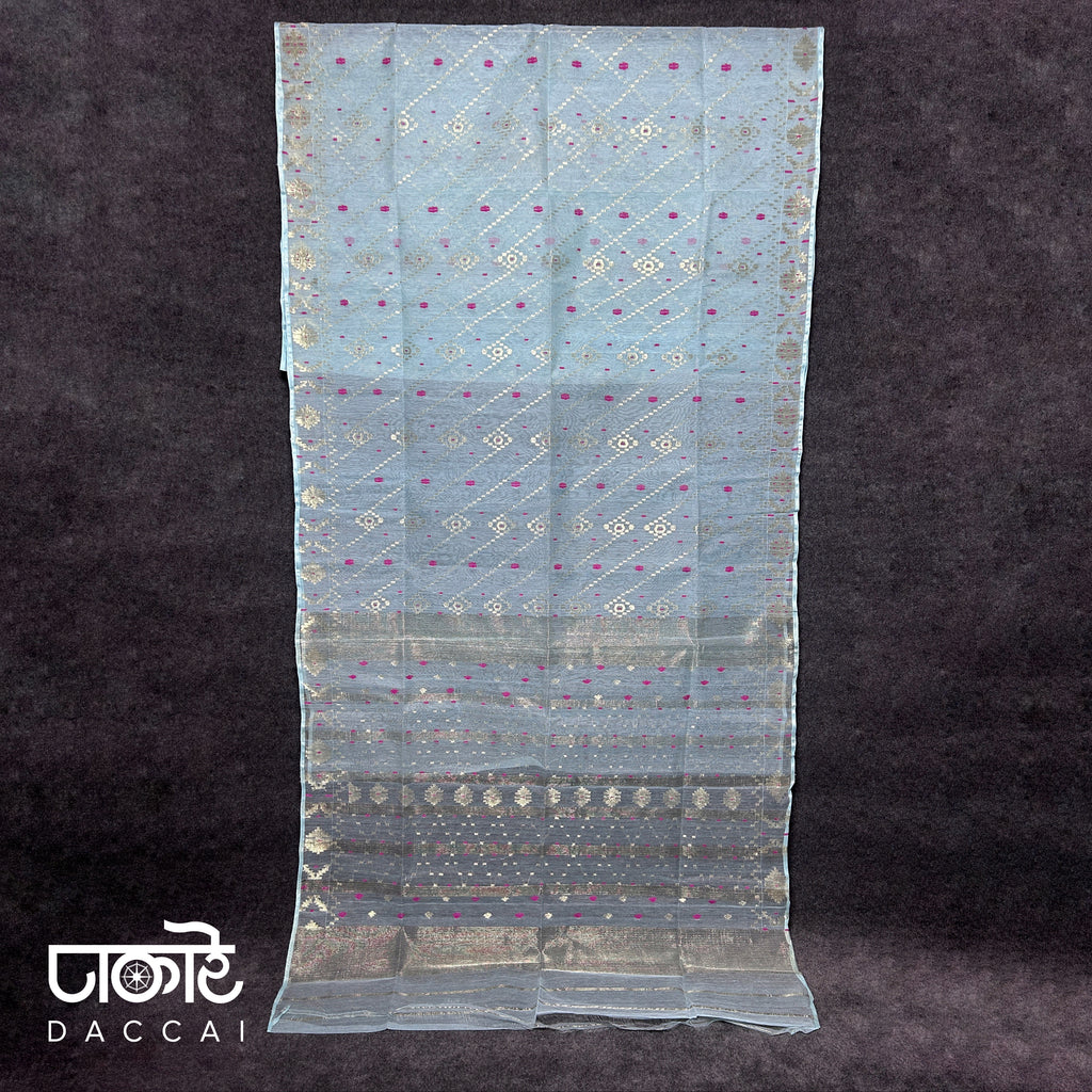 Light Sky Blue half silk Jamdani Saree with Pink Contrast