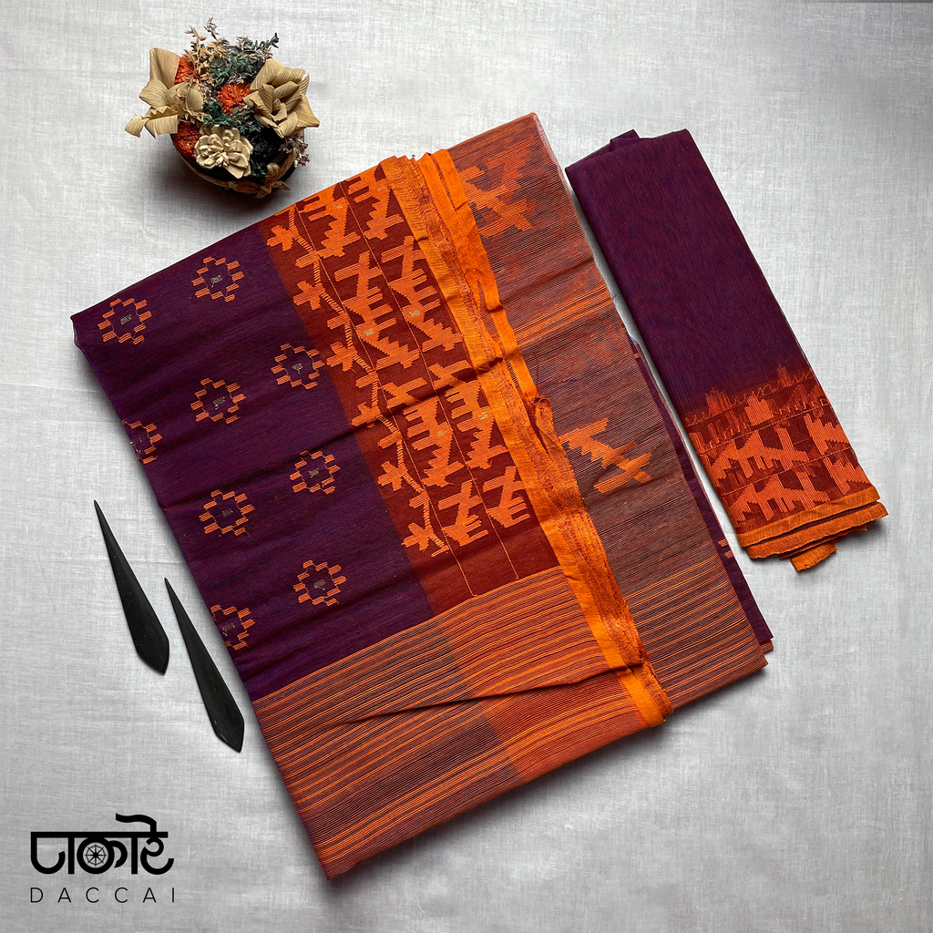 Maroon dhakai Jamdani Saree With Orange Contrast