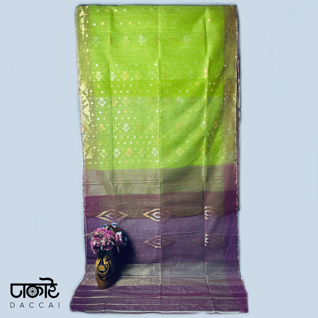 Pear Green Jamdani Saree with Ruby Contrast