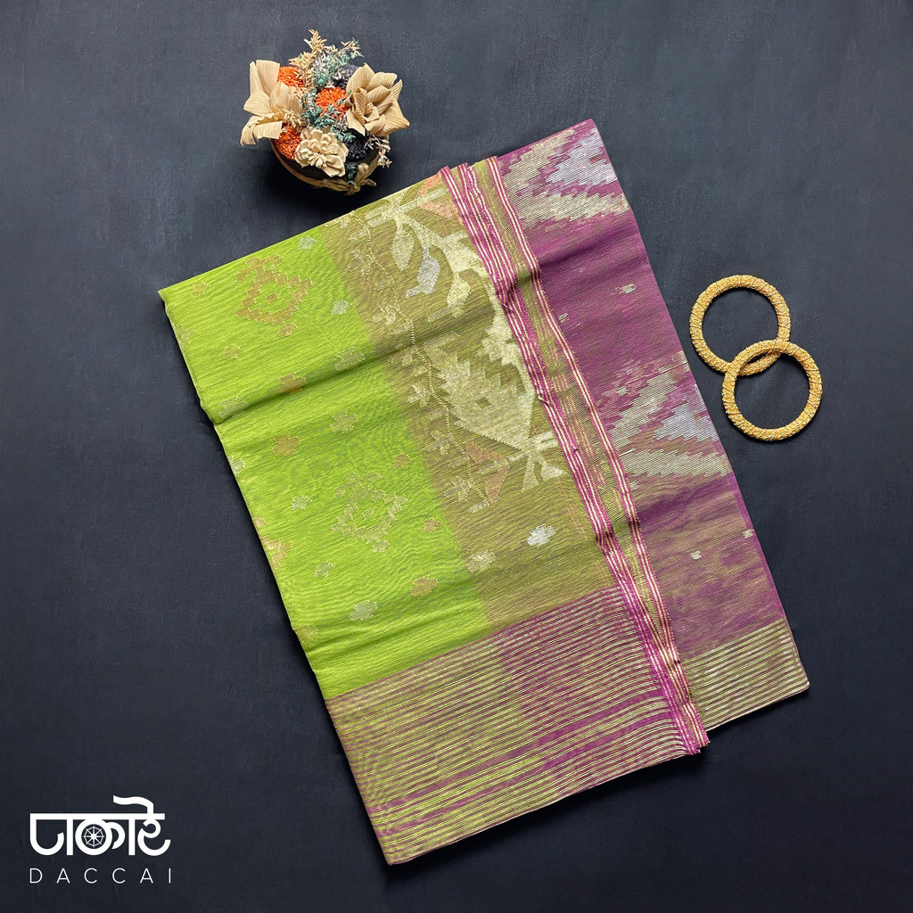 Pear Green dhakai Jamdani Saree with Ruby Contrast