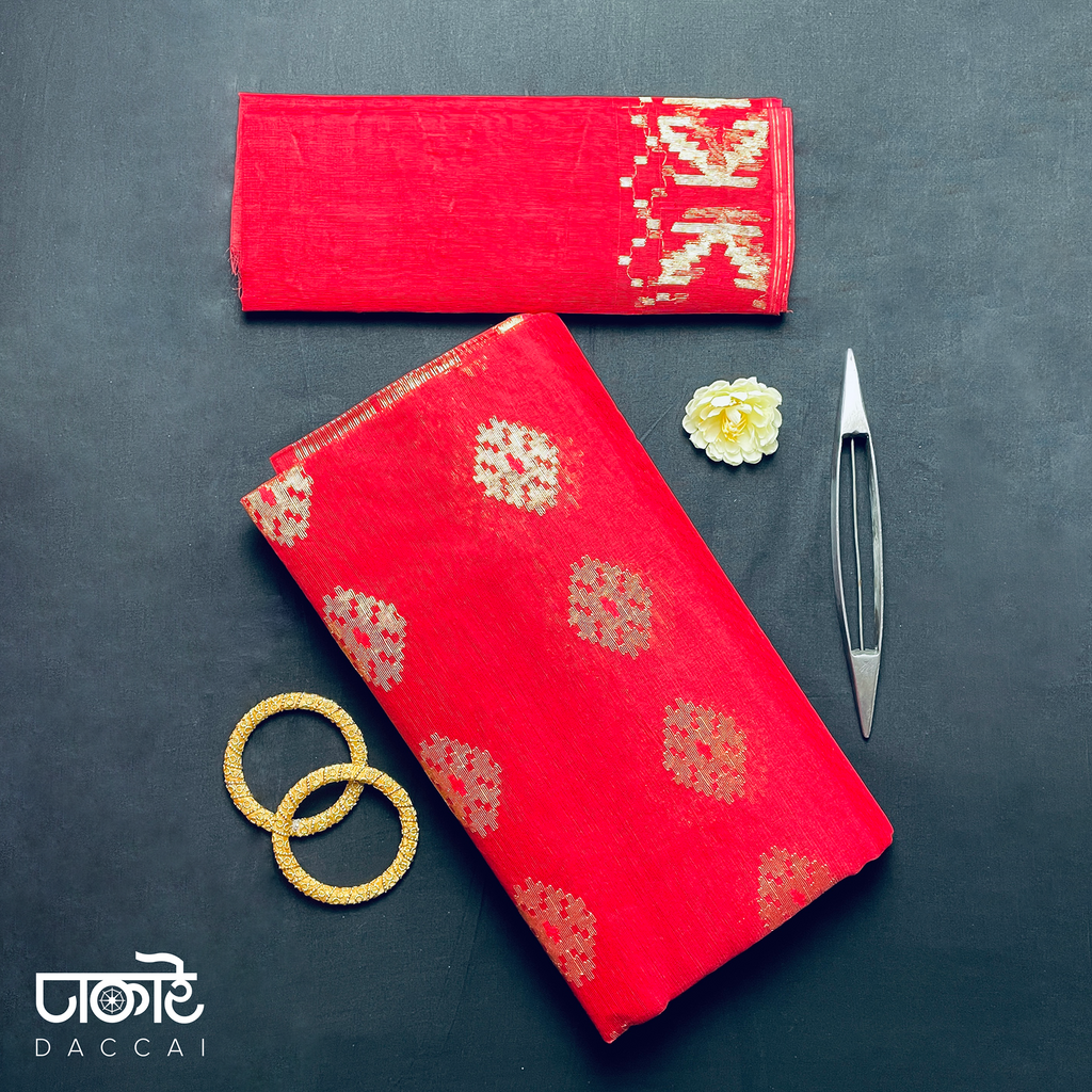 Red Jamdani Saree With Golden Work
