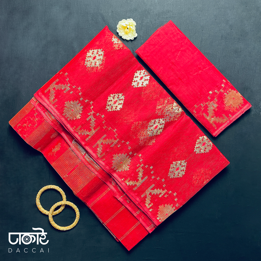 Red Jamdani Saree With Golden Work