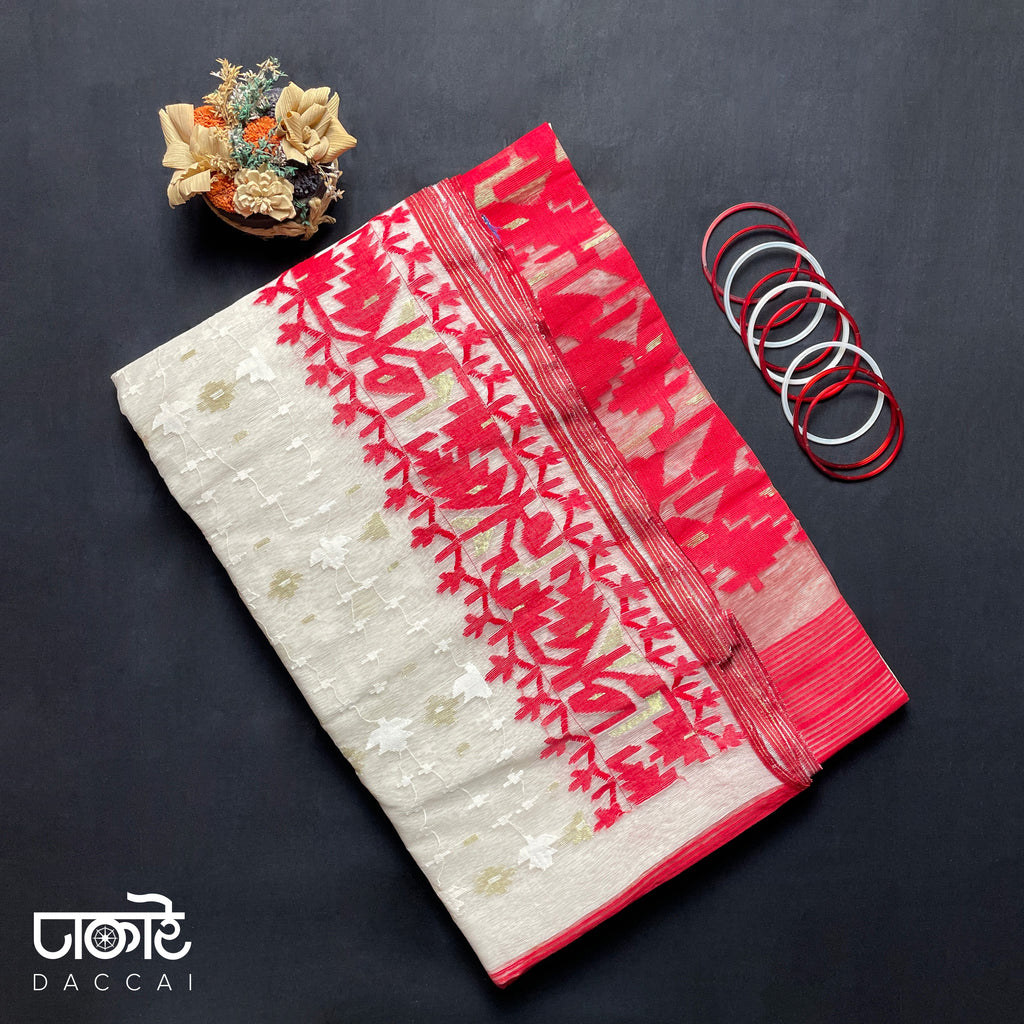 White dhakai Jamdani Saree with Red Contrast