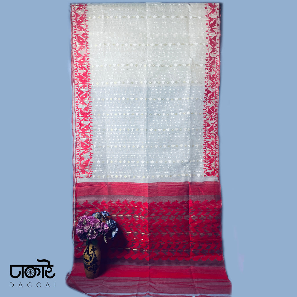White Jamdani Saree with Red Contrast