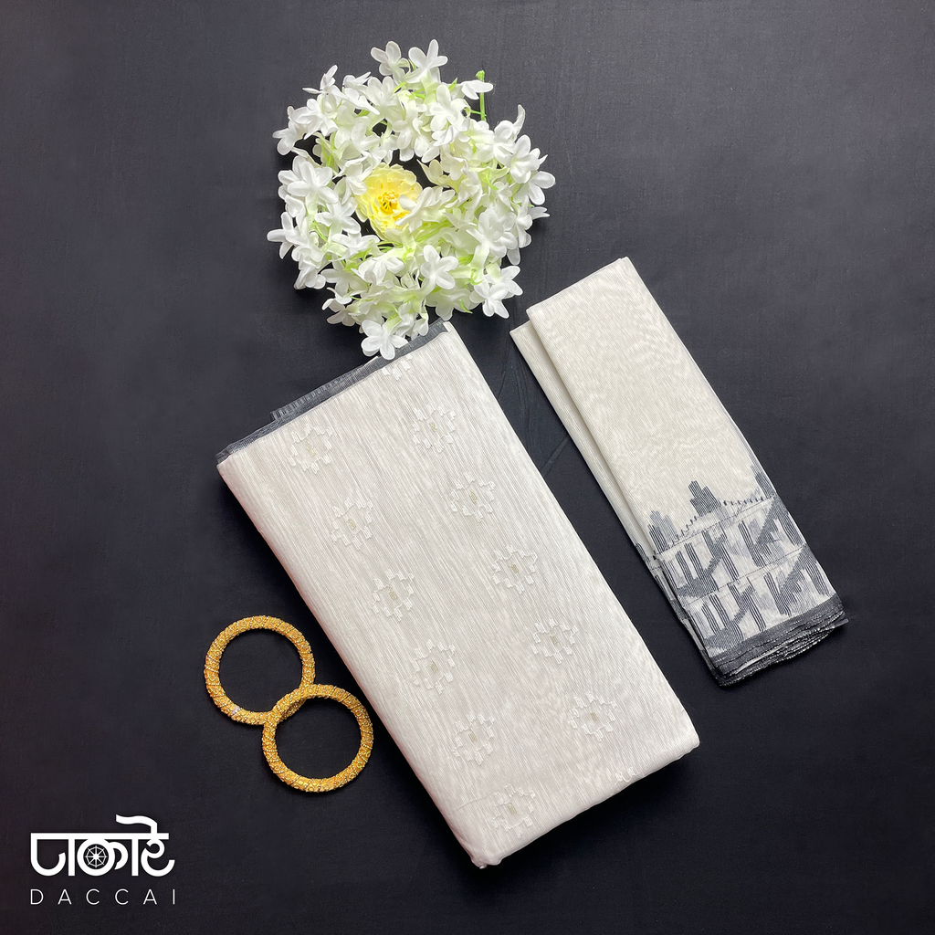 White Jamdani Saree With Black Contrast