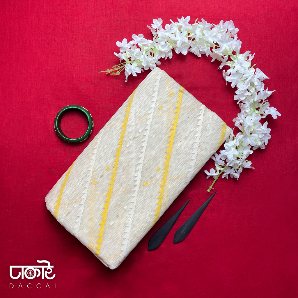 White Jamdani Saree With Yellow Contrast