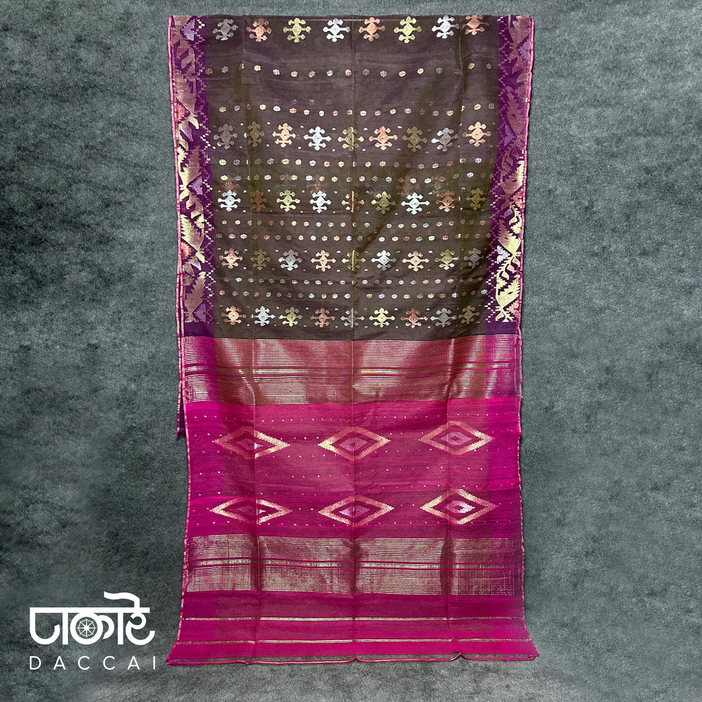 Coffee dhakai Jamdani Saree With dark Pink Contrast